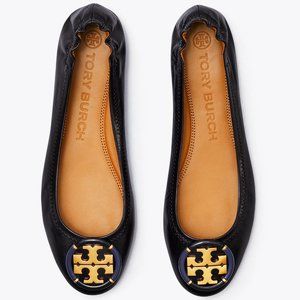 Tory Burch Enamel Logo Leather Ballet Flats Perfect Black Gold Heel Details